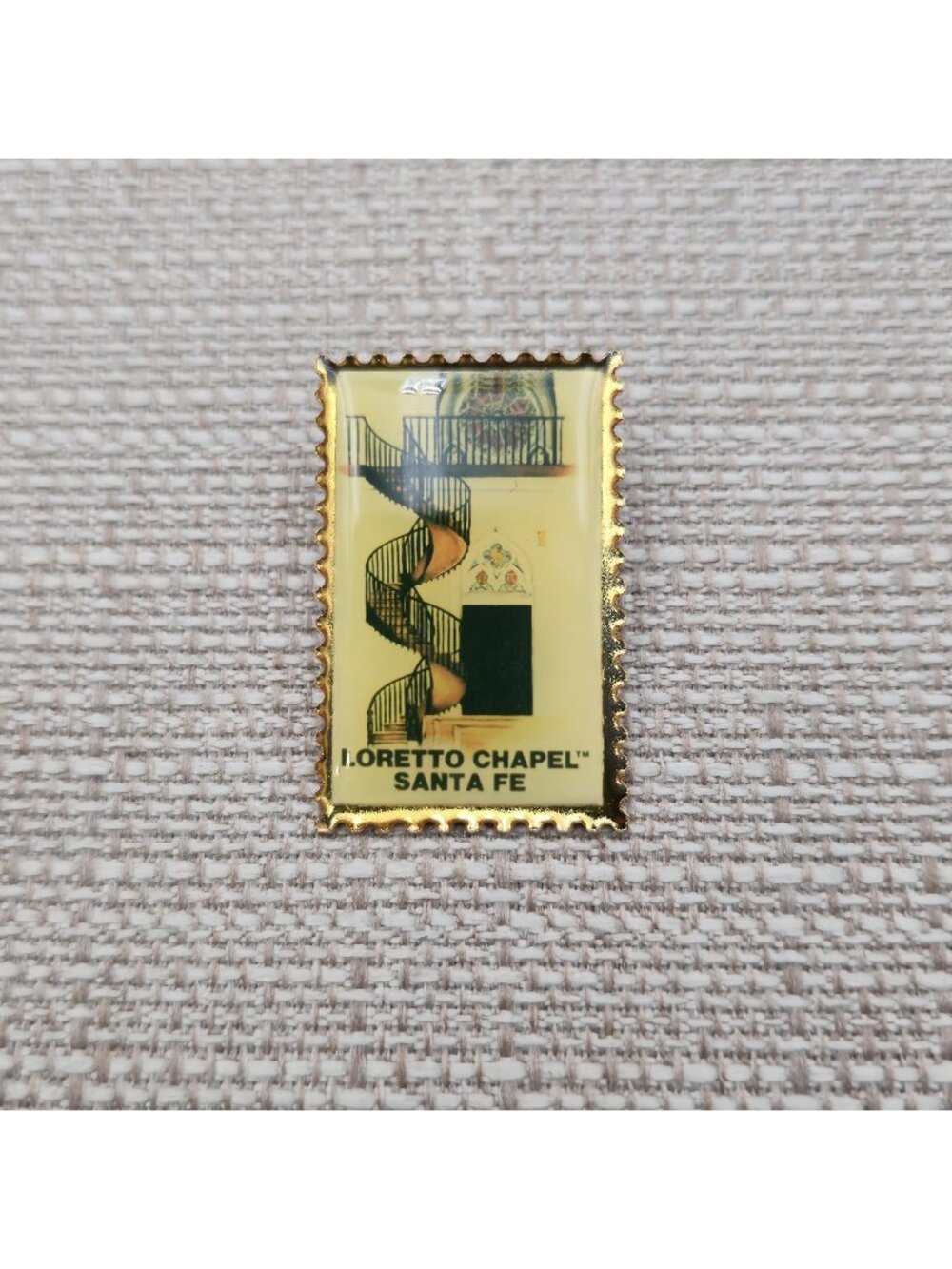 Loretto Chapel Santa Fe Spiral Staircase Vintage Stamp Style Souvenir Pin A8758